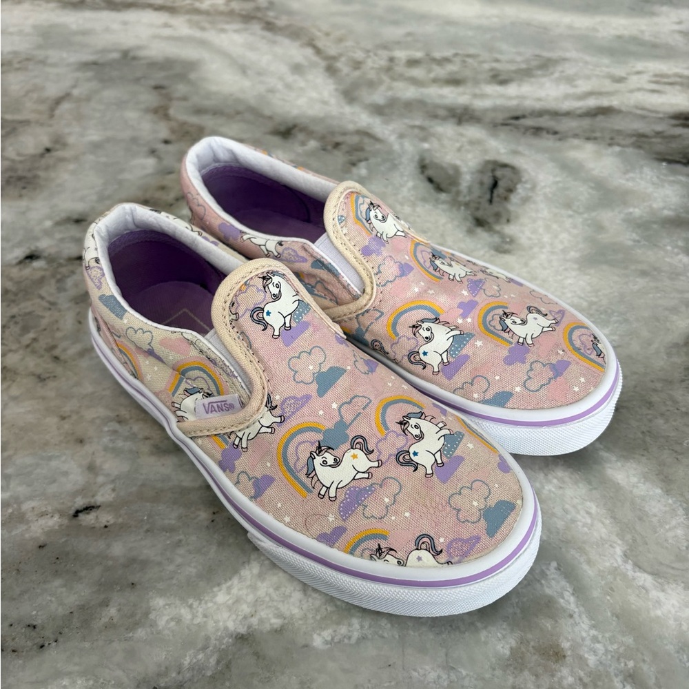 Vans Classic Slip On Shoes Girls Sz 1 Pink White Unicorns and Rainbows Sneakers